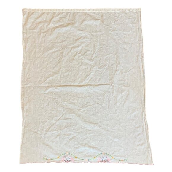 Embroidered Tablecloth Runner Blue Cats Kittens Floral Garland Scalloped Edges - Picture 6 of 6